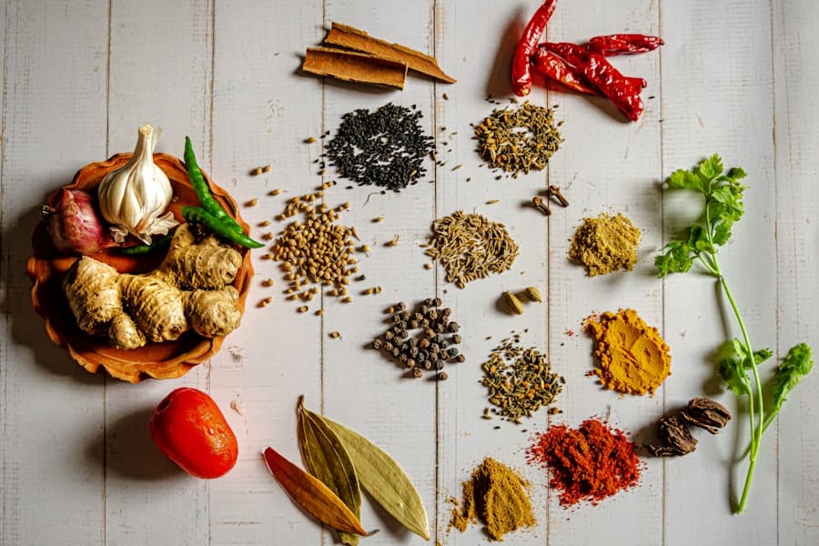 Whole spices laid out before grinding