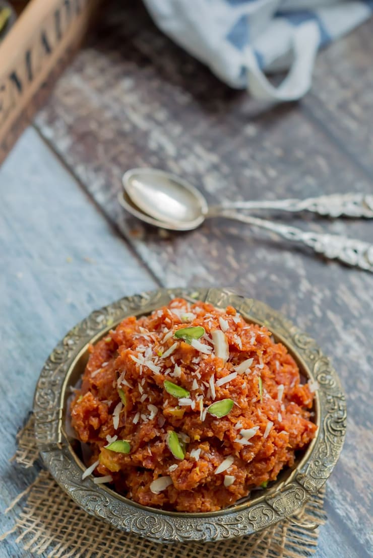 Carrot halwa in an engraved brass bowl